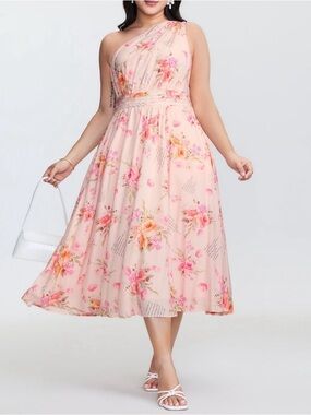 Floral One-Shoulder Pink Midi Dress
